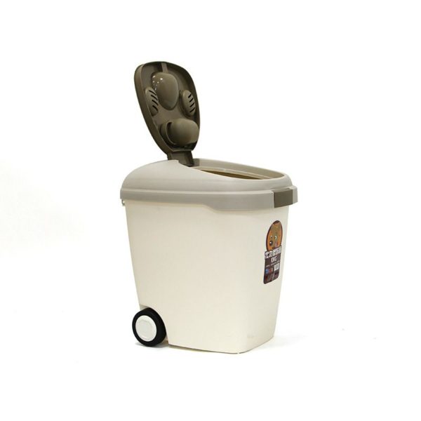Dog food container with wheel