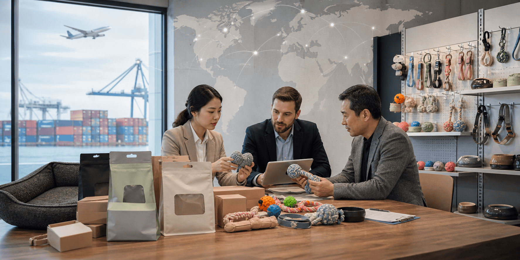 Pet Industry Daily Brief: What Importers and Pet Brands Should Watch | May 1, 2026 Pet supplies business meeting with packaging samples, pet accessories and retail product planning